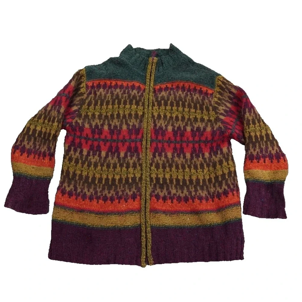 VTG‎ Susan Bristol Ltd Fair Isle Wool Blend Cardigan Sweater L Hong Kong Lined